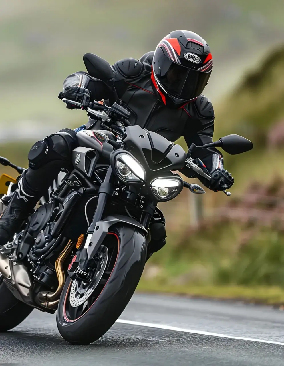 Motorcyclist on a winding Alpine road