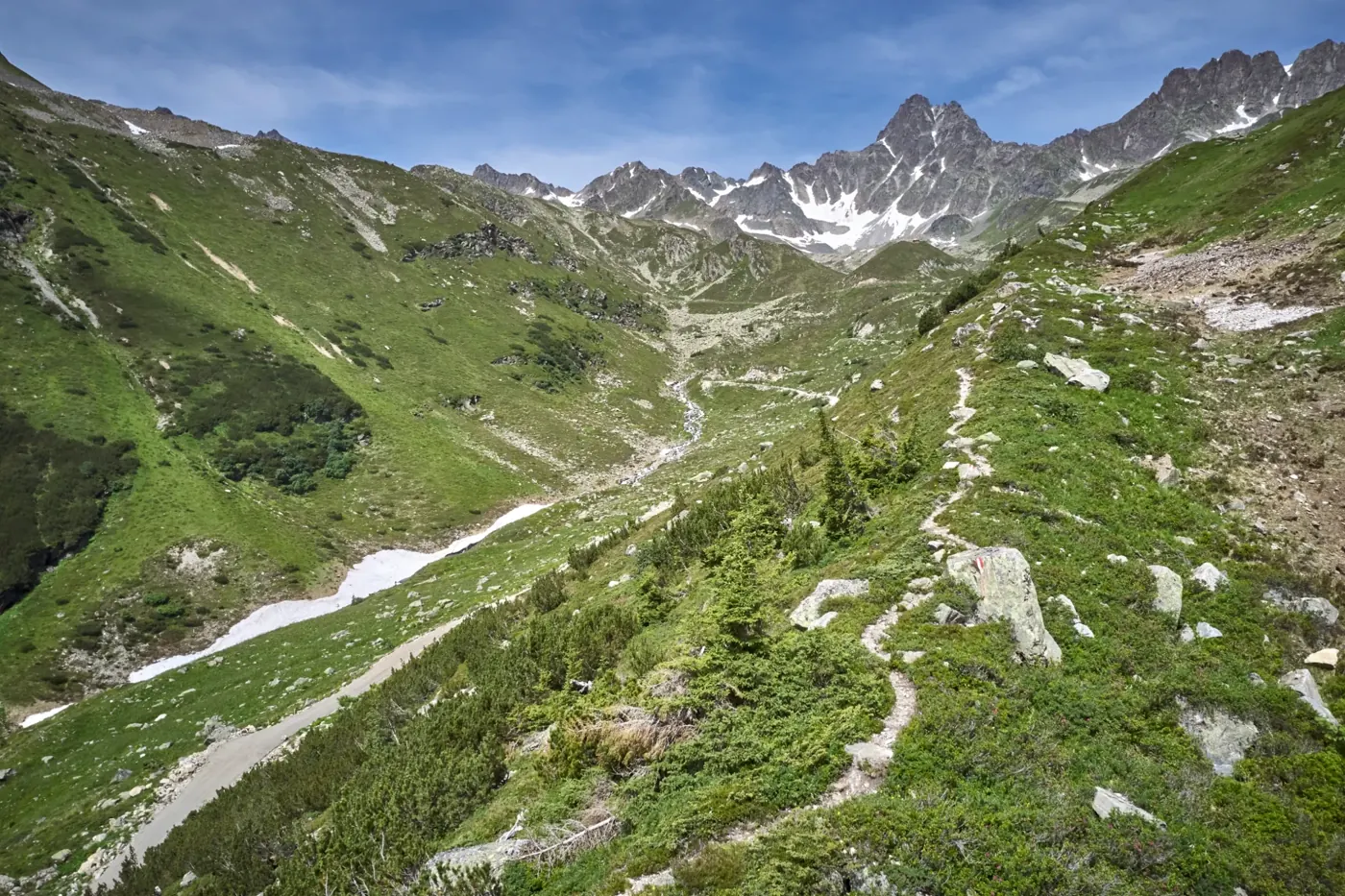 Mountain trail with views of the Silvretta peaks near Ischgl